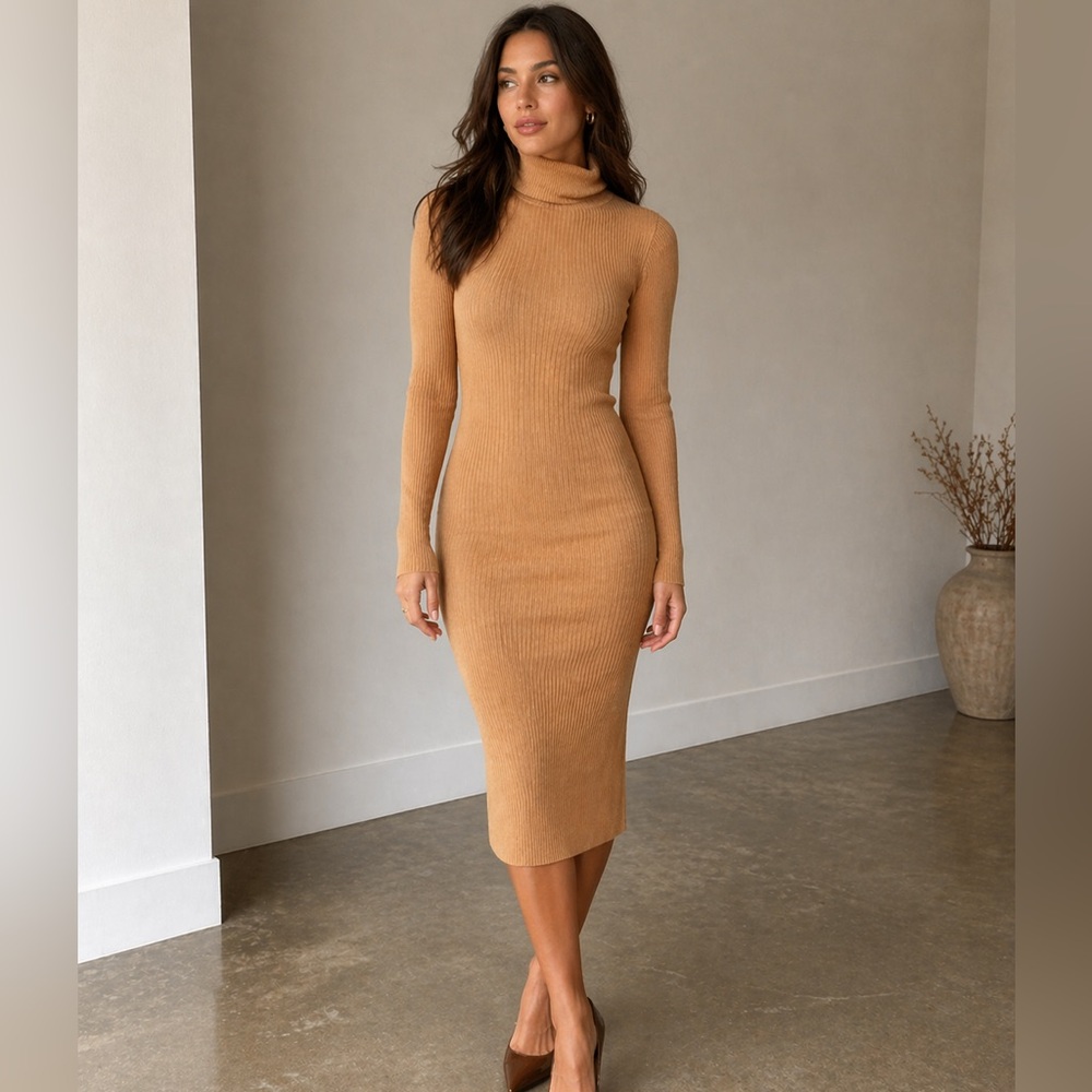 Brave Soul Camel Ribbed Long Sleeve Turtleneck Midi Dress